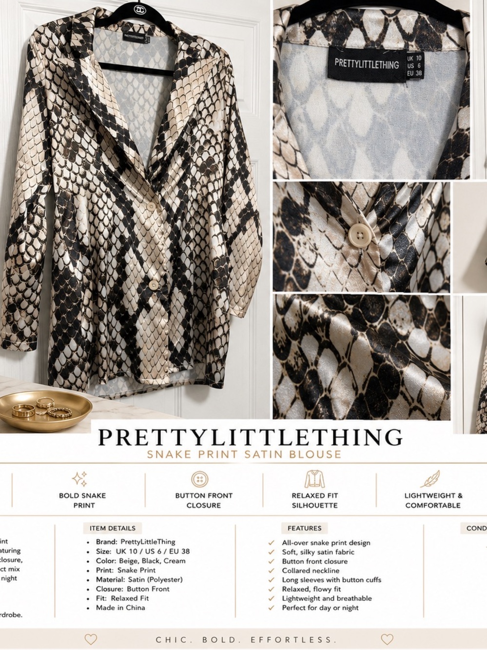 PRETTYLITTLETHING Beige Black Cream Snake Print Satin Blouse